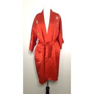 Vintage Japanese Red Embroidered Kimono Robe Long Sleeve Boho Hippie Jacket